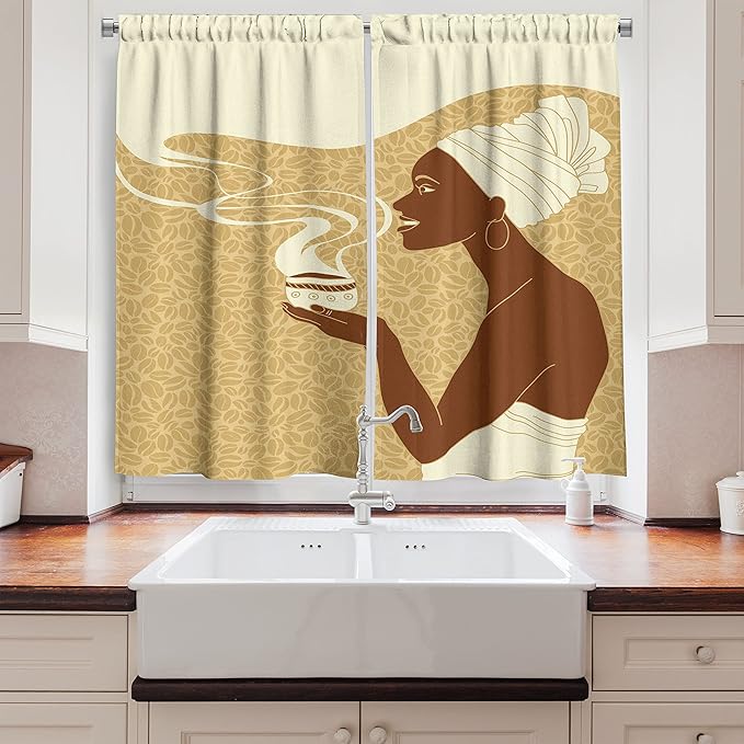 Ambesonne African Kitchen Curtains, Smiling Happy Afro Lady with Hot Coffee Cup Cocoa Vintage, Window Drapes 2 Panel Set for Kitchen Cafe Decor, 55" x 39", Soft Brown