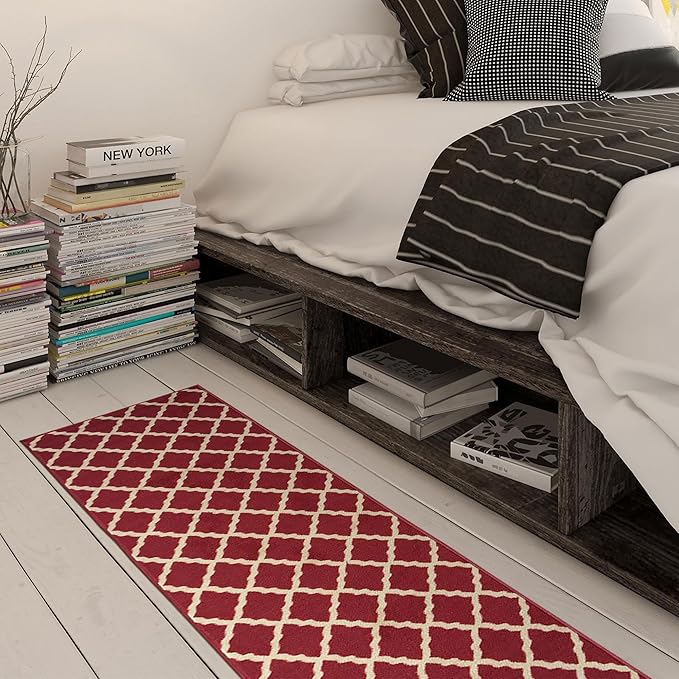 Ottomanson Machine Washable Elegant Trellis Design Non-Slip Rubberback 2x7 Traditional Runner Rug for Hallway, Kitchen, Bedroom, Living Room, 1'10" x 7', Red