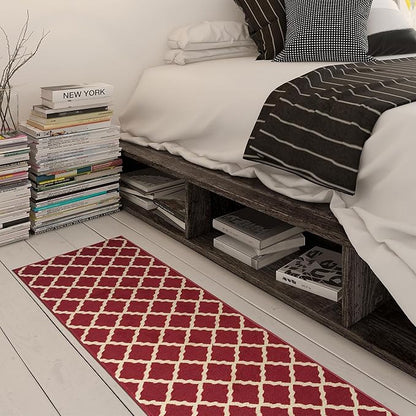 Ottomanson Machine Washable Elegant Trellis Design Non-Slip Rubberback 2x7 Traditional Runner Rug for Hallway, Kitchen, Bedroom, Living Room, 1'10" x 7', Red