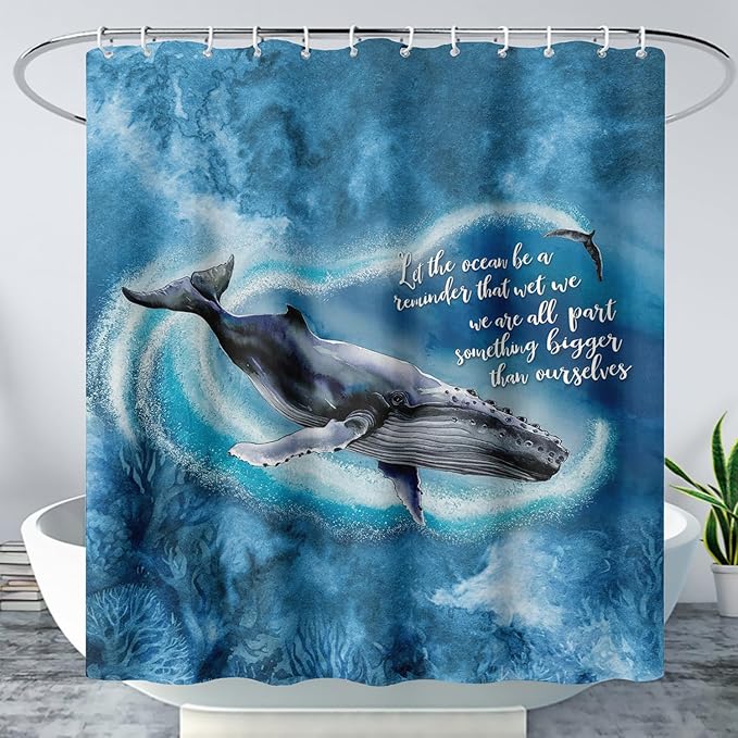 AILONEN 3D Whale Shower Curtain,Cute Whale Jumping Shower Curtain for Bathroom,3D Blue Ocean Animal Waterproof Fabric Shower Curtain Set with Hooks,72" W*96" H