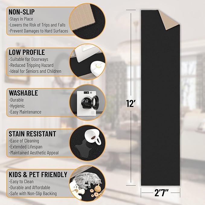 Machine Washable Modern Solid Design Non-Slip Rubberback Traditional Runner Rug for Hallway, Kitchen, Bedroom, Living Room, 2'7" x 12', Solid Black