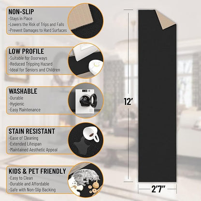 Machine Washable Modern Solid Design Non-Slip Rubberback Traditional Runner Rug for Hallway, Kitchen, Bedroom, Living Room, 2'7" x 12', Solid Black