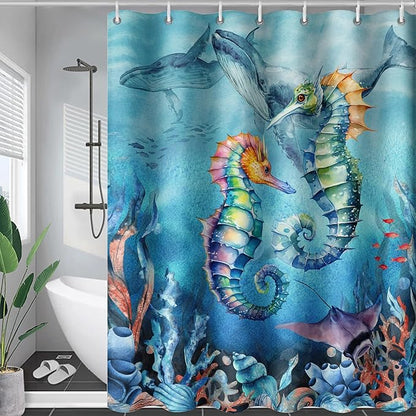 AILONEN Seahorse Shower Curtain for Bathroom,Watercolor Seahorse Bath Curtain,Blue Ocean Animal Whale Coral Fish Shower Curtain Waterproof with 12 Plastic Hooks, 72" W*78" H