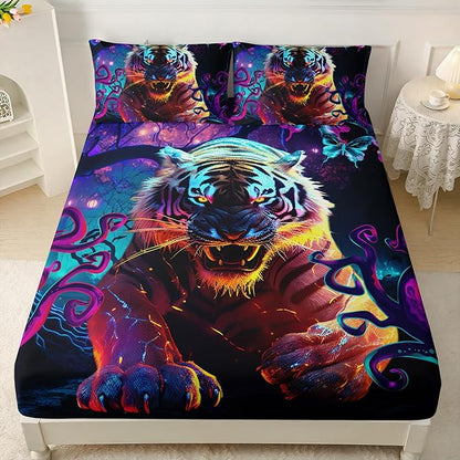 AILONEN Tiger Fitted Sheet Set Queen Size, Purple Magic Forest Fierce Tiger Bed Sheet Set for Boys Girls,Howling Tiger Soft Breathable Fitted Sheet and 2 Pillowcases,3 Pieces