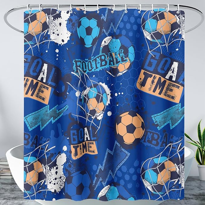 AILONEN Boys Sports Shower Curtain 72" W*84" H Soccer Bath Curtain Football Soccer Ball Printed Shower Curtain Boys Kids Teen Bathroom Curtain Decor Polyester Waterproof Curtain with 12 Hooks
