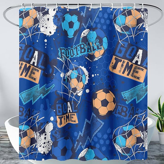 AILONEN Boys Sports Shower Curtain 48" W*72" H Soccer Bath Curtain Football Soccer Ball Printed Shower Curtain Boys Kids Teen Bathroom Curtain Decor Polyester Waterproof Curtain with 12 Hooks