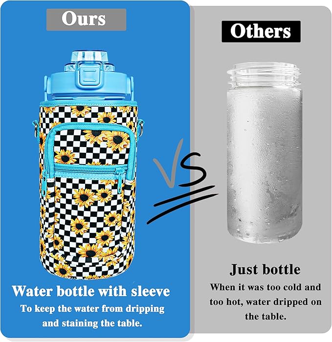 64 oz Water Bottle with Straw Sleeve & Strap Motivational Half Gallon Water Jug with Handle for Gym Women Men Aesthetic Water Bottle with Strap Sunflower