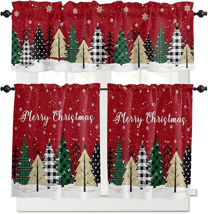 Red Merry Christmas Kitchen Curtains and Valances Set, Green Christmas Tree Windows Treatments Tiers Half/Short Curtains for Small Windows Cafe /Living Room/ Bedroom 54x24 in White Snow Forest Winter