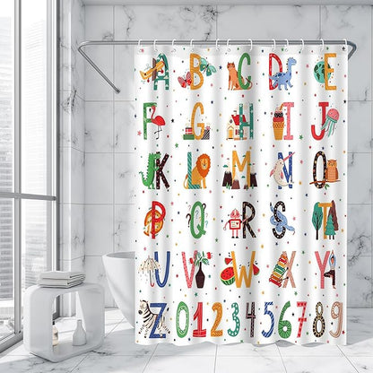 Aperturee Alphabet ABC Learning Shower Curtain for Kids Bathroom Animals Kids ABC Figure Educational Tool Cartoon Animals Girls Boys Colorful Decorative Bath Curtain with 12 Hooks,72x72 Inch