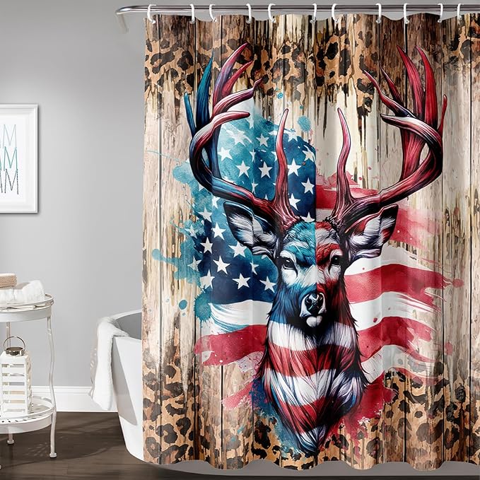 AILONEN Deer Hunting Shower Curtain for Bathroom Decor,American Flag Elk Bath Curtain for Kids Boys Teens,Safari Deer Print Curtain,Polyester Waterproof with 12 Plastic Hooks 72" W*84" H