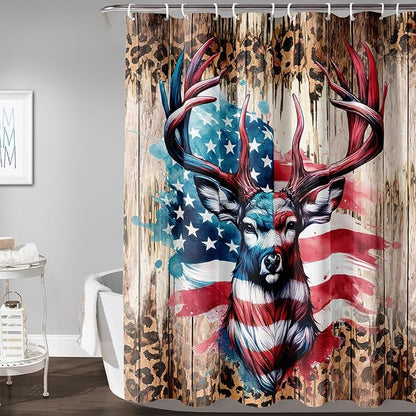 AILONEN Deer Hunting Shower Curtain for Bathroom Decor,American Flag Elk Bath Curtain for Kids Boys Teens,Safari Deer Print Curtain,Polyester Waterproof with 12 Plastic Hooks 60" W*72" H