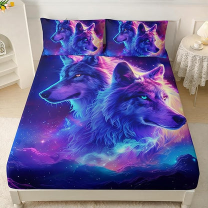 AILONEN Wolf Fitted Sheet Set Twin XL Size for Boys,Purple Galaxy Wolf Bed Sheet Set for Kids Teen, 3 Pieces Safari Wolf Sheet Set,Starry Wolves Fitted Sheet with 2 Pillowcases
