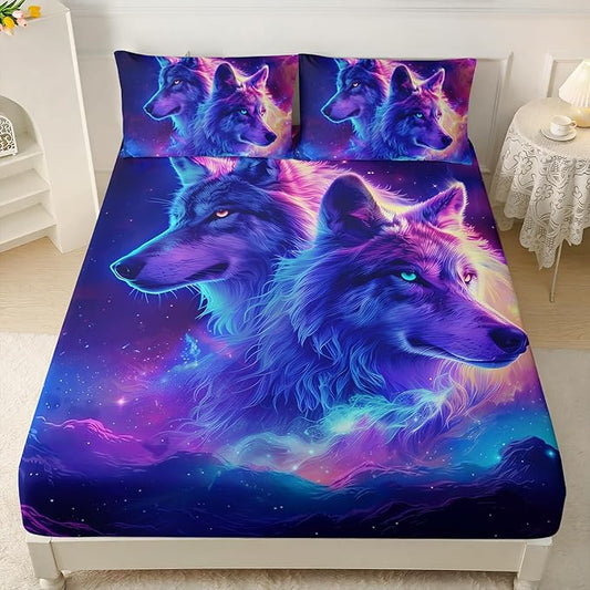 AILONEN Wolf Fitted Sheet Set Twin XL Size for Boys,Purple Galaxy Wolf Bed Sheet Set for Kids Teen, 3 Pieces Safari Wolf Sheet Set,Starry Wolves Fitted Sheet with 2 Pillowcases