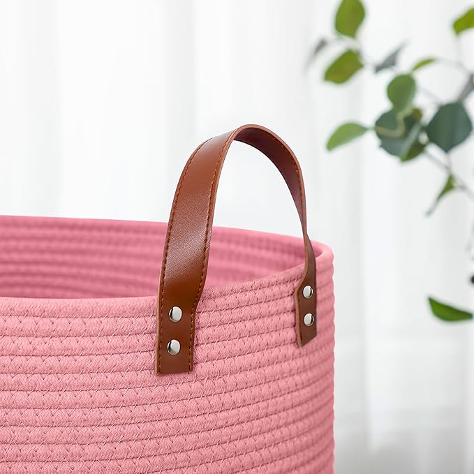 80L Large Rope Basket, Woven Rope Storage Basket with Leather Handles, Dog Toy Storage Basket, Bedroom, Nursery Blanket Storage, Bathroom Laundry Basket, 16“x20” Tall Rope Basket (Pink)