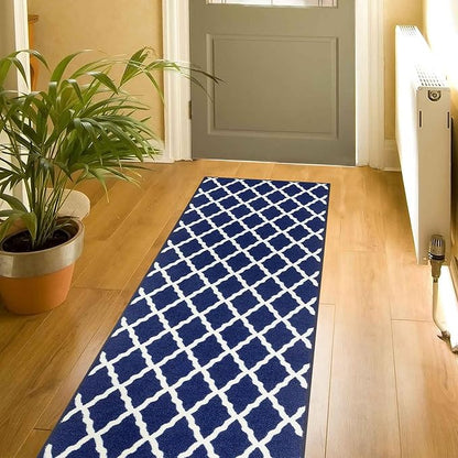 Machine Washable Moroccan Trellis Design Non-Slip Rubberback 2x6 Traditional Indoor Runner Rug for Hallway, Kitchen, Bedroom, 2'2" x 6', Navy