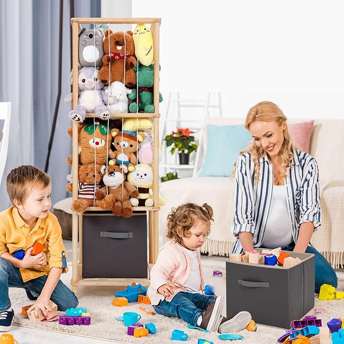 ACEPRUT Wood Stuffed Animal Storage Holder with Storage Basket, Space Save Three Tier Vertical Large Stuffed Animal Zoo Organizer for Playroom Bedroom, Toy Storage Birthday Gifts for Kids