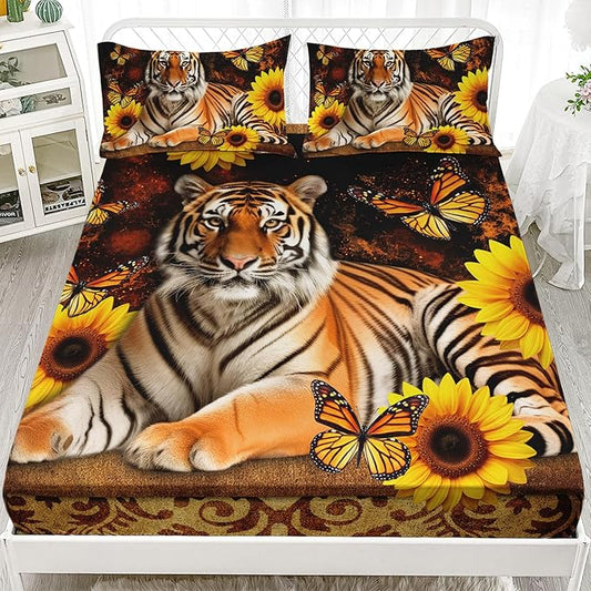 AILONEN Tiger Fitted Sheet Set Full Size, Vintage Retro Boho Bed Sheet Set Sunflower Butterfly Sheet Set,3 Pieces Printed Teen Boys Tiger Fitted Sheet with 2 Pillowcases