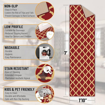 Ottomanson Machine Washable Elegant Trellis Design Non-Slip Rubberback 2x7 Traditional Runner Rug for Hallway, Kitchen, Bedroom, Living Room, 1'10" x 7', Red