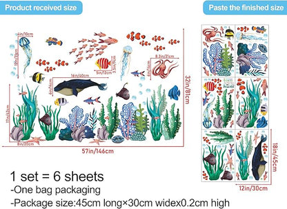6 Sheets Under The Sea World Wall Decals Ocean Animals Wall Decals Removable DIY Watercolor Whale Jellyfish Fish Starfish Seaweed Ocean Grass Decor for Kids Living Room Bedroom Bathroom Decor