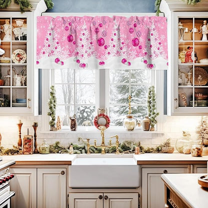 Pink Christmas Valance Curtains for Kitchen Windows White Xmas Tree Snowflakes Pink Balls Rod Pocket Window Treatment Toppers for Kitchen/Living Room/Bedroom/Bathroom, 42" X 18", Winter