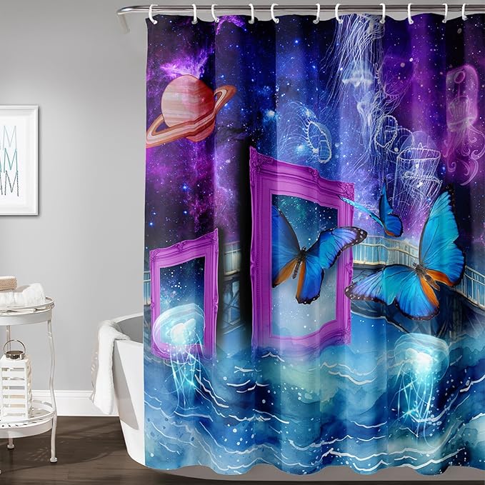 AILONEN Blue Butterfly Shower Curtains,Purple Galaxy Bath Curtains for Bathroom for Girls,Blue Ocean Jellyfish Curtains,Polyester Waterproof with 12 Hooks 36" W*72" H