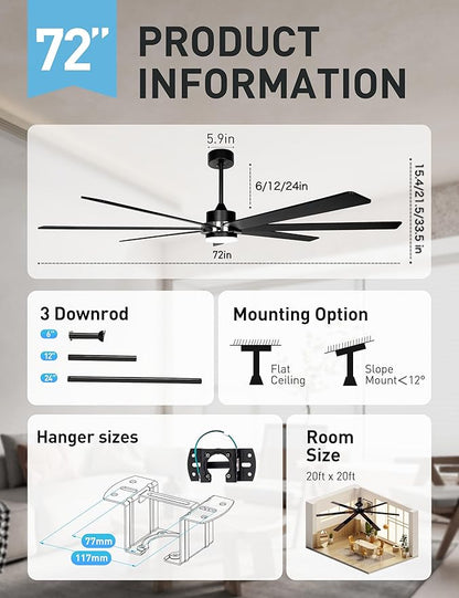 72" Black Smart Ceiling Fan with Light and Remote via WiFi Alexa APP Control,6 Speed Quiet DC Motor,Dimmable LED Light,7 Wood Blades Indoor Outdoor Ceiling Fans for Patios or Bedroom