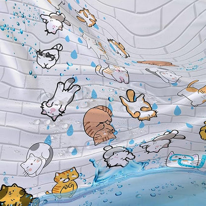 AILONEN Cute Cat Shower Curtain for Kids 72" W*84" H Inch,Colorful Animals Playing Water Kids Lovely Funny Hilarious Shower Curtain,12 Pack Hooks Polyester Waterproof Fabric Decor for Bathroom