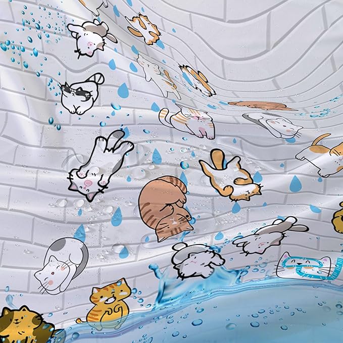AILONEN Cute Cat Shower Curtain for Kids 48" W*72" H Inch,Colorful Animals Playing Water Kids Lovely Funny Hilarious Shower Curtain,12 Pack Hooks Polyester Waterproof Fabric Decor for Bathroom