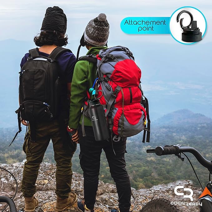 40oz Stainless Metal Black Water Bottle with Straw - Handle Lid, Thermos Coffee Travel Lid and Chug Lid - Double Walled Steel Sports Bottle - Work Out Bottle – Leak Proof -