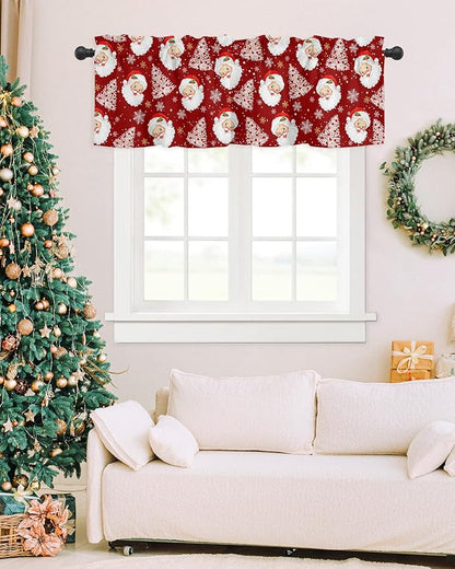 Red Christmas Valance Curtains for Kitchen Windows Santa Claus Merry Christmas Tree Rod Pocket Window Treatment Toppers for Kitchen/Living Room/Bedroom/Bathroom, 60" X 18", Winter Snowflake