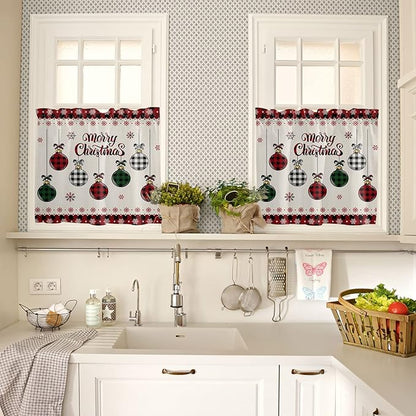 Christmas Kitchen Curtains and Valances Set, Vintage Buffalo Plaid Christmas Balls Window Treatments Tiers Farmhouse Half/Short Curtains for Small Windows Cafe /Living Room/ Bedroom 54x 36 in