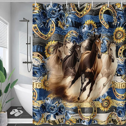 AILONEN Running Horse Shower Curtain for Kids,Blue Rose Sunflower Horse Bath Curtain for Bathroom Decor,Modern Curtain Polyester Waterproof with 12 Plastic Hooks 72" W*78" H