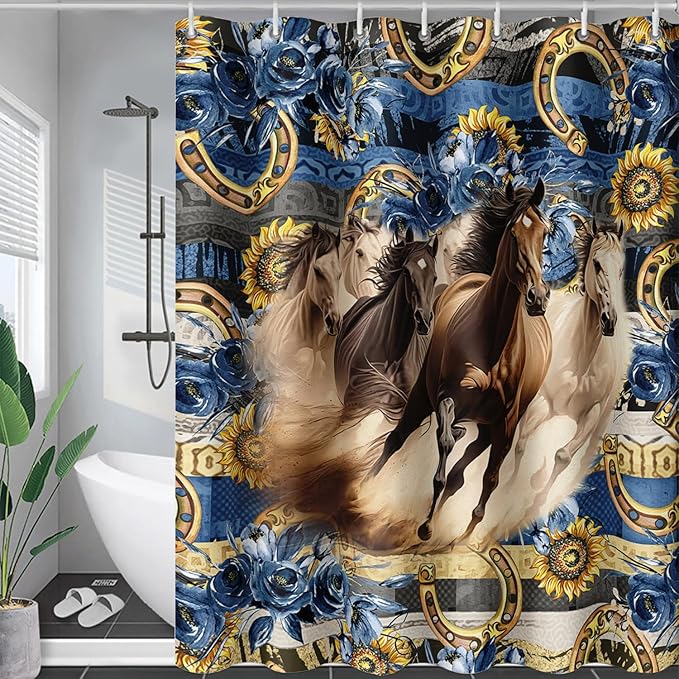 AILONEN Running Horse Shower Curtain for Kids,Blue Rose Sunflower Horse Bath Curtain for Bathroom Decor,Modern Curtain Polyester Waterproof with 12 Plastic Hooks 36" W*72" H