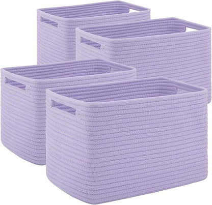 4 Pack Storage Baskets for Organizing Toys, Towels, and Clothes, Woven Basket for Shelves, Sturdy Nursery Cube Bins for Storage, 13''L x9''W x7.8''H, Purple