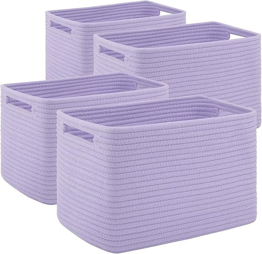4 Pack Storage Baskets for Organizing Toys, Towels, and Clothes, Woven Basket for Shelves, Sturdy Nursery Cube Bins for Storage, 13''L x9''W x7.8''H, Purple