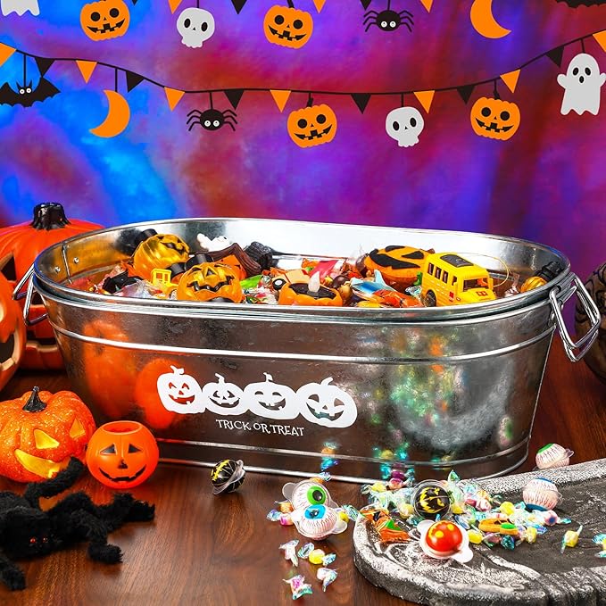 2 Pcs Halloween Pumpkin 5.5 Gallons Galvanized Beverage Stainless Steel Ice Buckets Tubs with Handles, Large Drink Wine Cooler Bins for Parties Farmhouse Garden Bar Christmas(Trick or Treat)