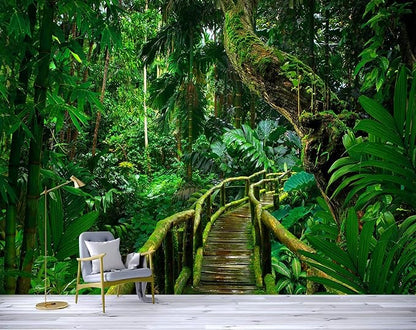3D Green Forest Wooden Bridge Wallpaper for Living Room Sofa Background Wall (Not Peel and Stick)