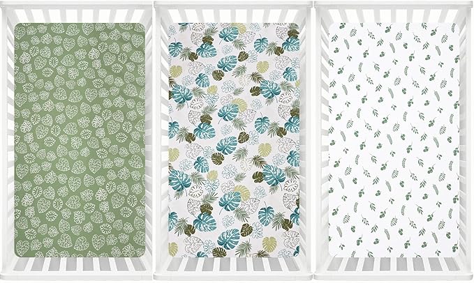 3 Pack Fitted Crib Sheets, Ultra Soft Breathable Comfortable Baby Sheet Set for Boys Girls Neutral, 28x52 Inch Fits Standard Crib and Toddler Mattresses, Leaf