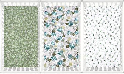 3 Pack Fitted Crib Sheets, Ultra Soft Breathable Comfortable Baby Sheet Set for Boys Girls Neutral, 28x52 Inch Fits Standard Crib and Toddler Mattresses, Leaf