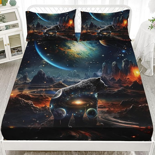 AILONEN Panther Fitted Sheet Set Twin XL Size, Galaxy Starry Planet Volcano Boys Black Bear Bed Sheet Set,3 Pieces Printed Fitted Sheet with 2 Pillowcases