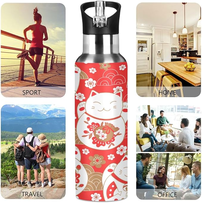 ALAZA Lucky Cat Maneki Neko Red Water Bottle With Straw Lids Boys Girls,Vacuum Insulated Leakproof Stainless-Steel Sports Bottle Thermal Flask For Gym Yoga Camping,34Oz (1000Ml)