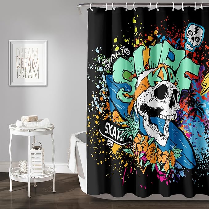 AILONEN Surf Skull Shower Curtain for Bathroom,Colorful Graffiti Flower Art Bathroom Curtain for Kids Boys Girls,Bath Curtain 72" W*84" H Polyester Waterproof Bathroom Curtain with 12 Hooks
