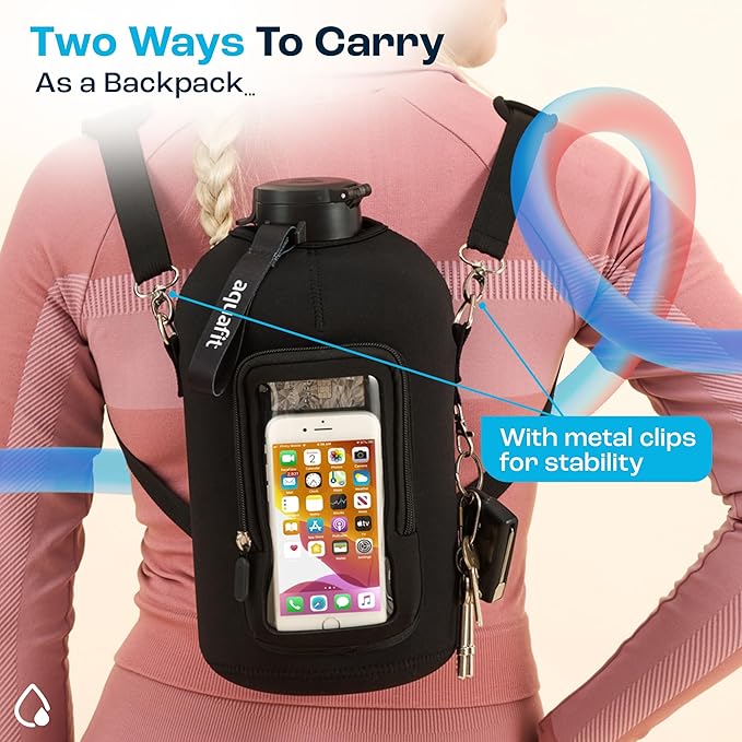 AQUAFIT 1 Gallon Jug Sleeve, Neoprene Water Bottle Bag with Adjustable Shoulder Strap and Pocket, 128 oz Water Bottle Sling Bag, Water Bottle Carrier Bag (Sleeve Only - No Bottle, Black)