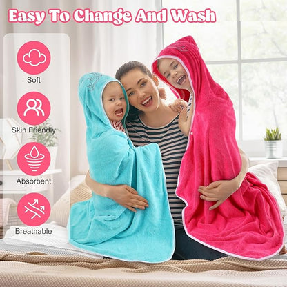 2 Pcs Princess Toddler Bath Towel Oversized Baby Hooded Bath Towel Thick Absorbent Soft Toddler Beach Towel for Kids Girls Up to 10 Years, 27 x 48 Inch, Pink and Blue