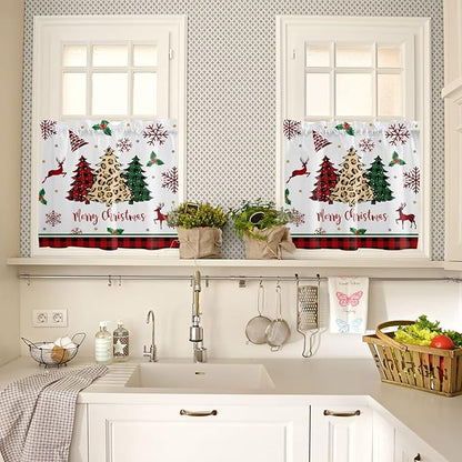 Merry Christmas Kitchen Curtains and Valances Set,Farm Christmas Tree Buffalo Plaid Leopard Window Treatments Tiers Holiday Decor Half/Short Curtains for Small Windows Cafe/Living/ Bedroom 54x24 in