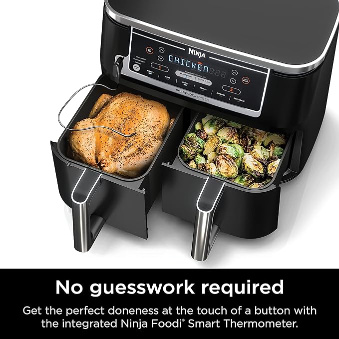 Ninja DZ550 Foodi 10 Quart 6-in-1 DualZone Smart XL Air Fryer with 2 Independent Baskets, Thermometer for Perfect Doneness, Match Cook & Smart Finish to Roast, Dehydrate & More, Grey
