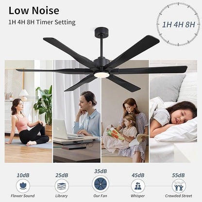 68 Inch Ceiling Fan with Lights and Remote Control, 6 Reversible ABS Blades, 6-Speed Noiseless DC Motor with 4.5" / 12" / 24" Downrods for Bedroom Dining Living Room, Black