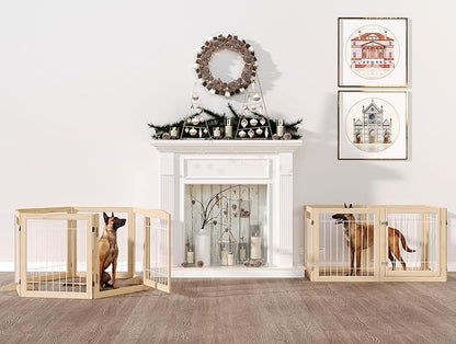Folding No-Assembly Pet Gate 144" Wide, 30" Tall Wooden Dog Gate with Door Walk Through, Freestanding Wire Pet Gate, Pet Puppy Safety Fence, with 2PCS Support - Natural White