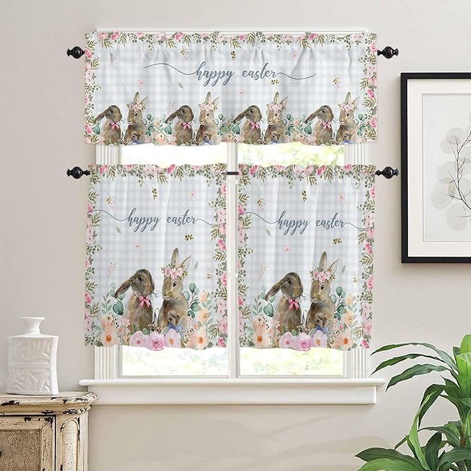 Rabbits Flowers Easter Kitchen Curtains and Valances Set,Eucalyptus Leaf Spring Summer Window Tiers Grey White Buffalo Plaid Half/Short Curtains for Small Windows Cafe /Living Room/ Bedroom 54x24 in