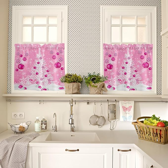 Pink Christmas Kitchen Curtains and Valances Set, White Xmas Tree Snowflakes Pink Balls Windows Treatments Tiers Half/Short Curtains for Small Windows Cafe /Living Room/ Bedroom 54x24 in Winter